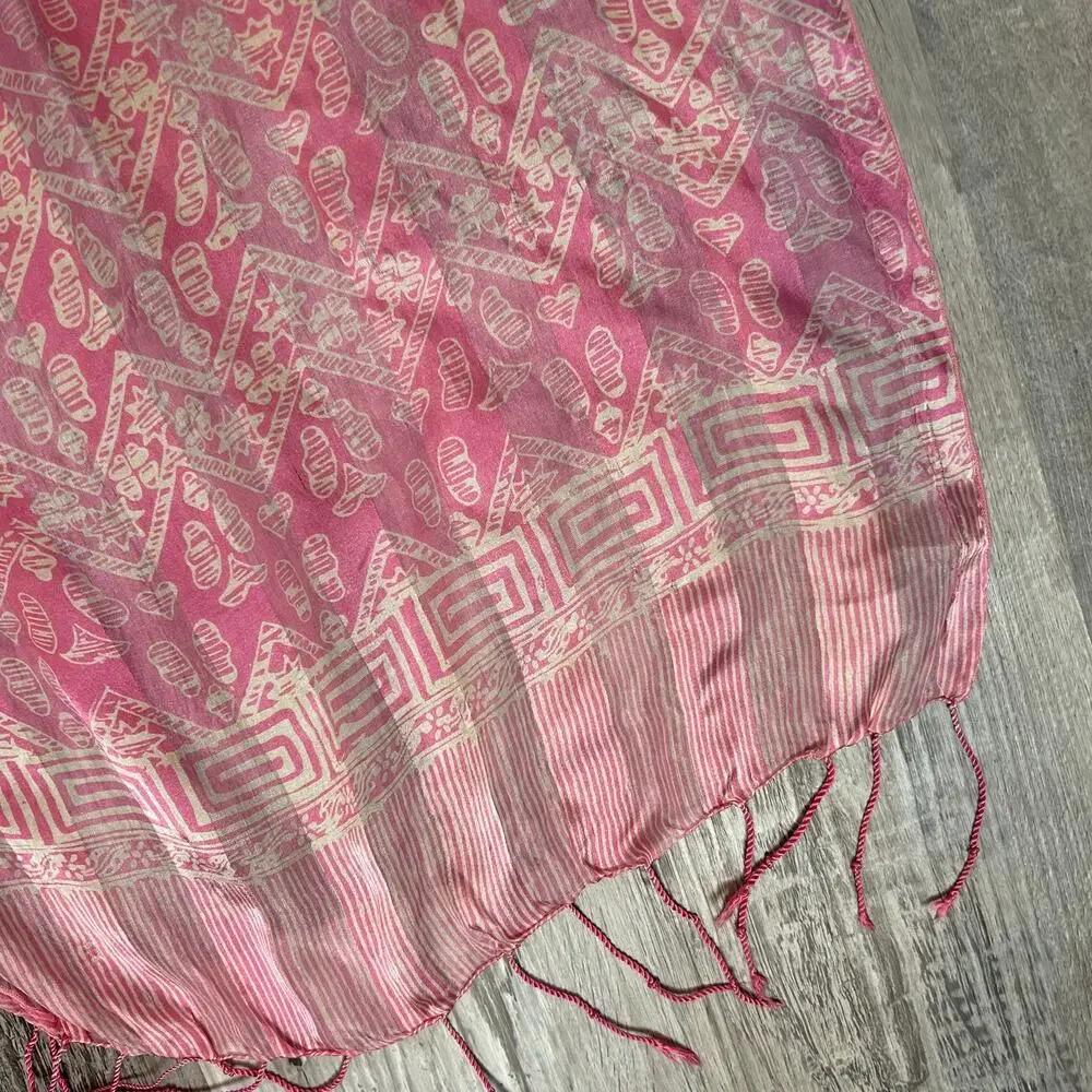 Love Shop Pink Silk Fringe Scarf Wrap Shawl Geometric Boho Print Festival